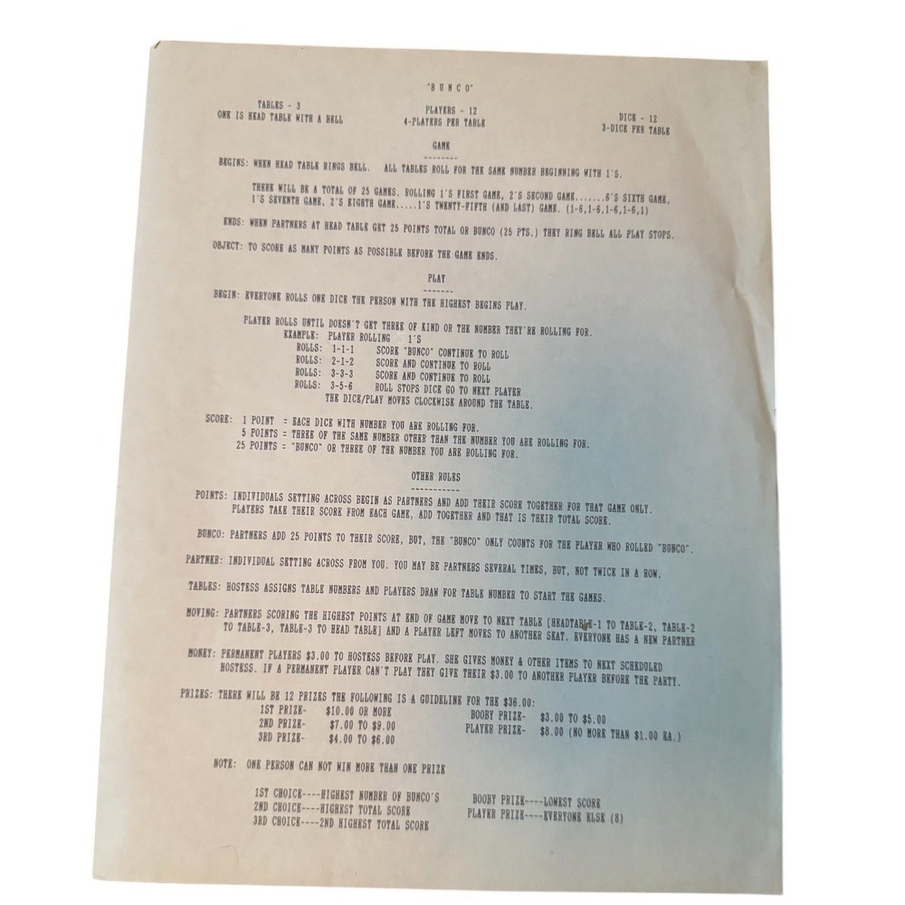 Vintage Bunco Game Rules Instructions 4 Score Sheets Games 1-25 Computer Printed